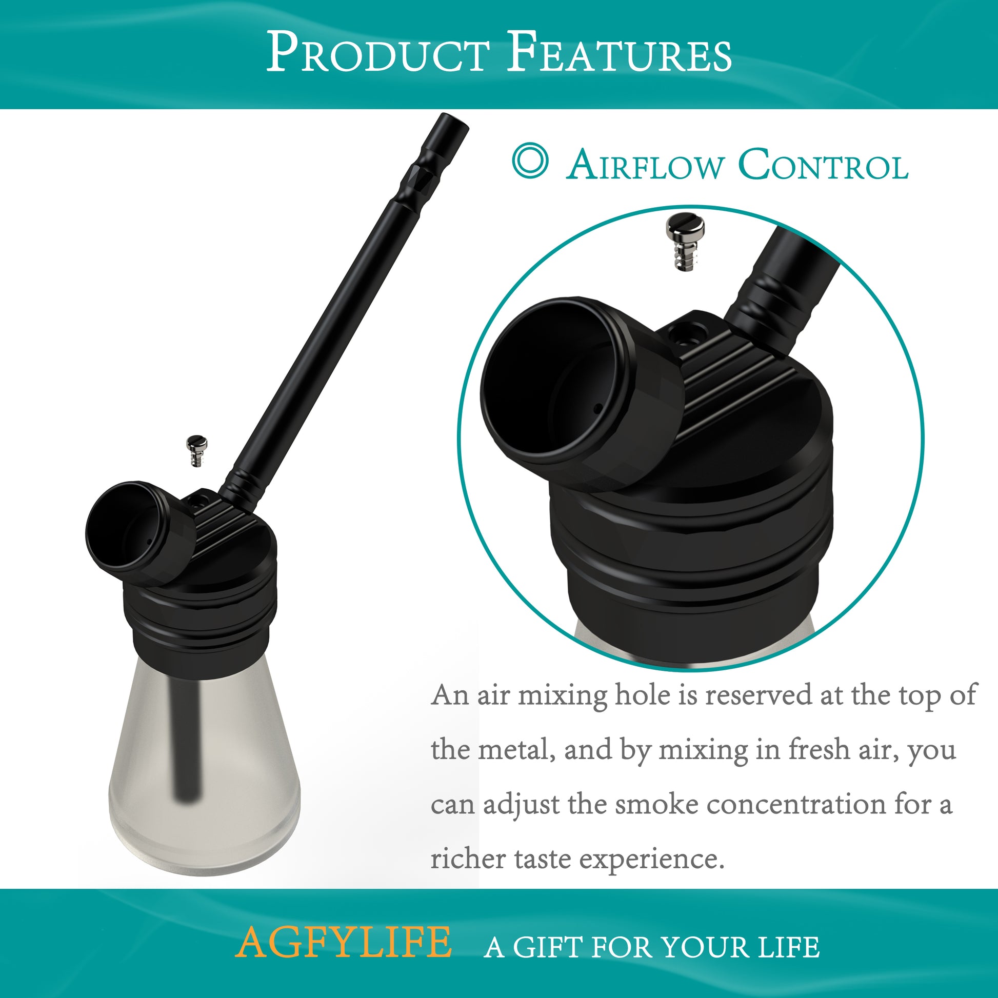 Black and silver smoking device with airflow control feature, AGFYLIFE branding.
