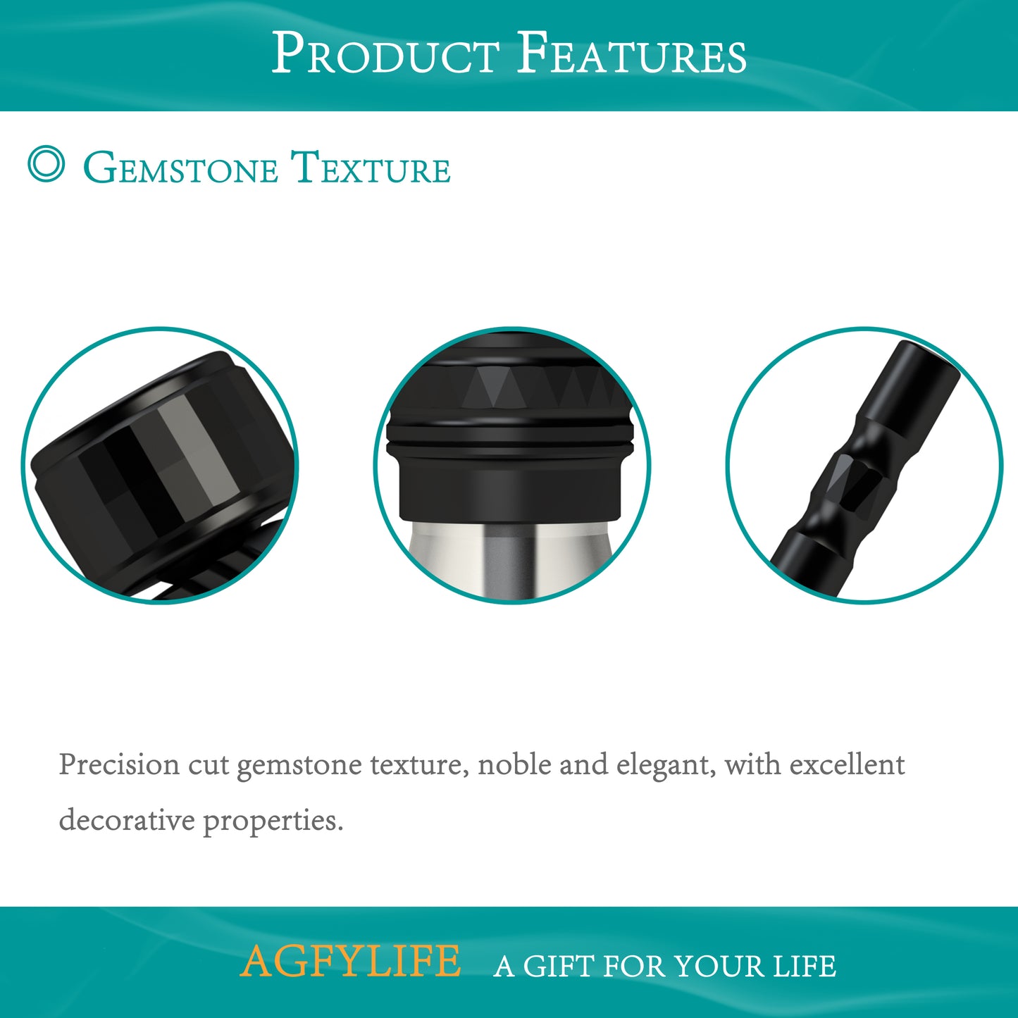 Product features of a black gemstone texture with AGFYLIFE branding.