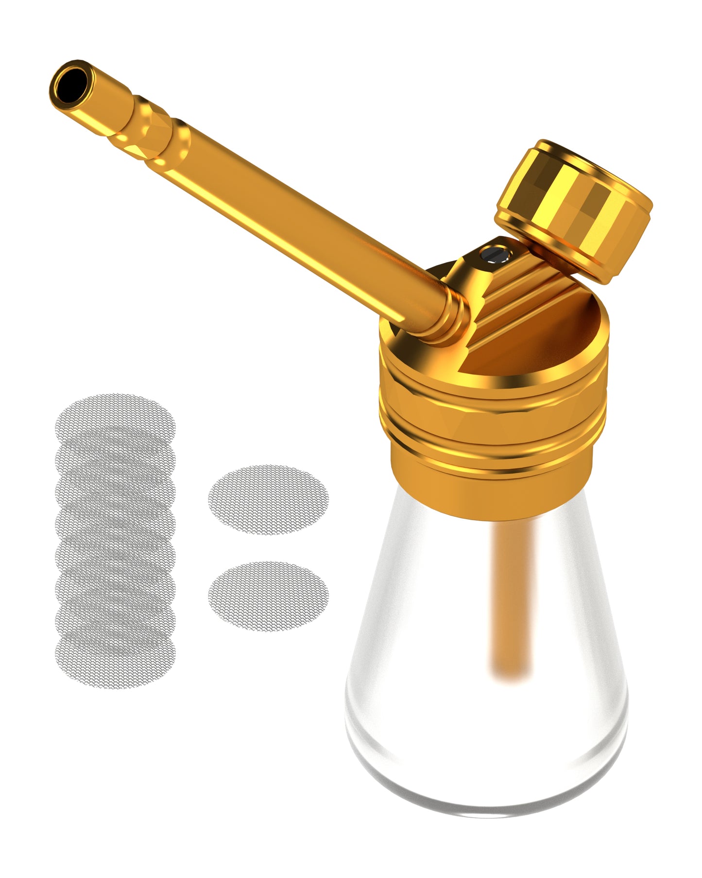 Gold-colored water pipe with glass base and accessories on a white background