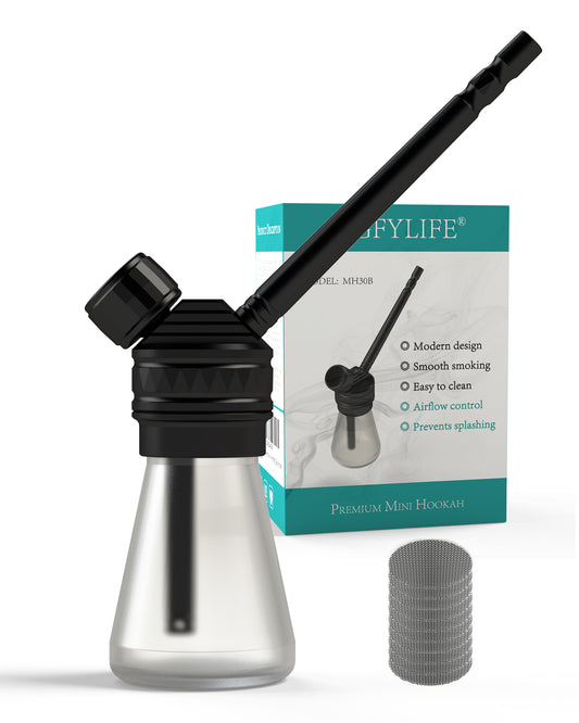 Black and silver hookah with a box labeled 'FYLIFE' on a white background