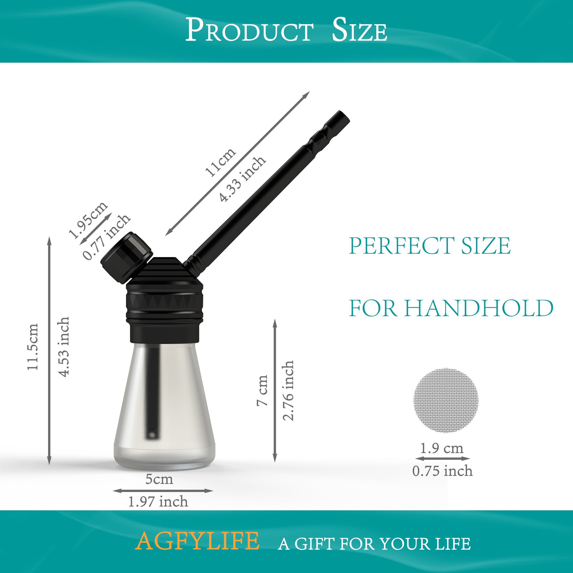 Measurement chart of a handheld product with dimensions labeled, featuring AGFYLIFE branding.