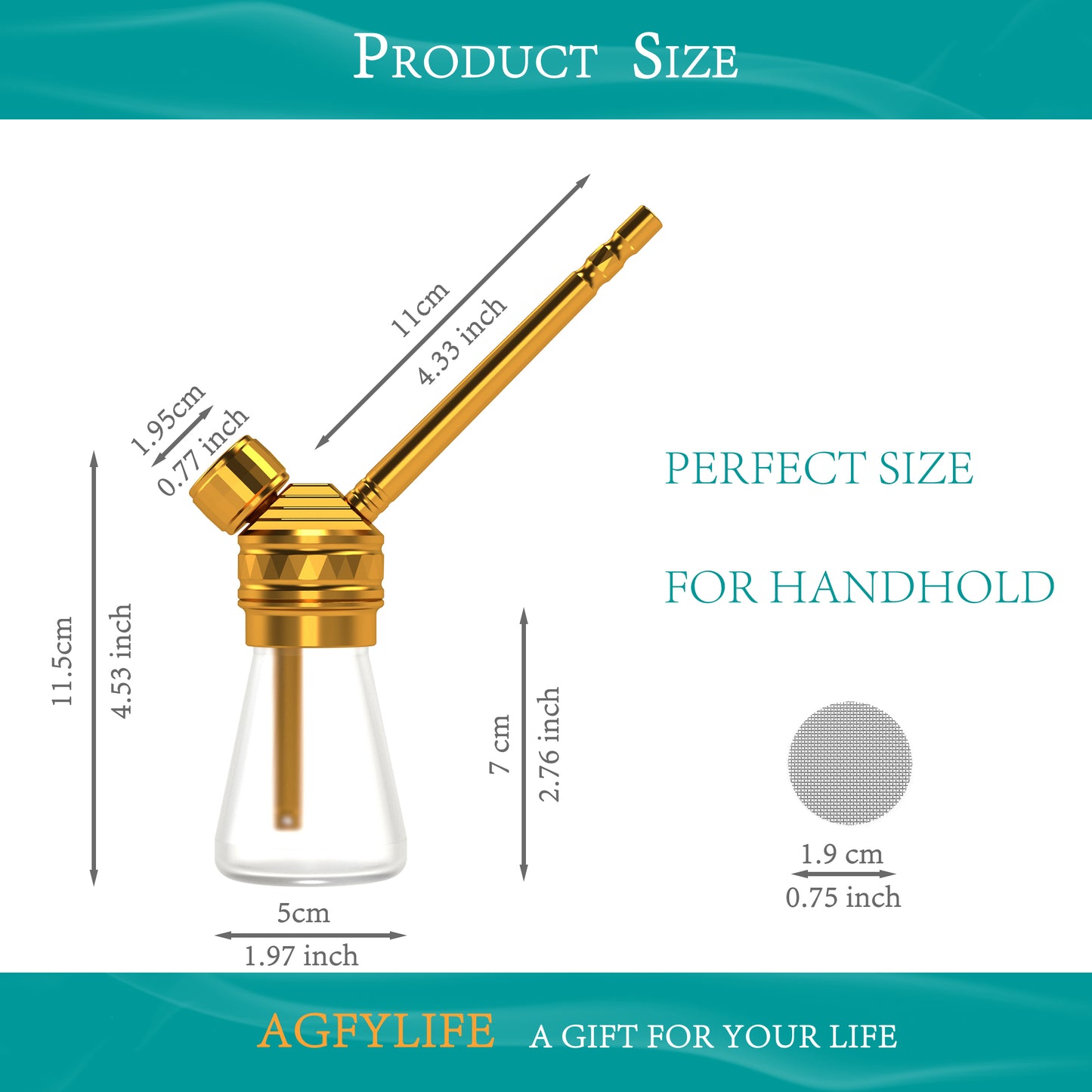 Measurement chart of a gold and clear handheld product with dimensions labeled, featuring the brand 'AGFYLIFE'.